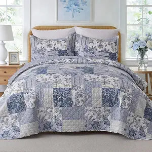 XL King Quilt Set, Blue and White Floral, Reversible, 106" × 96"