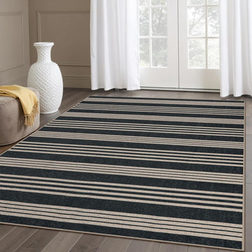 Striped Easy Jute Outdoor Patio Rug, Area Rugs Washable Black