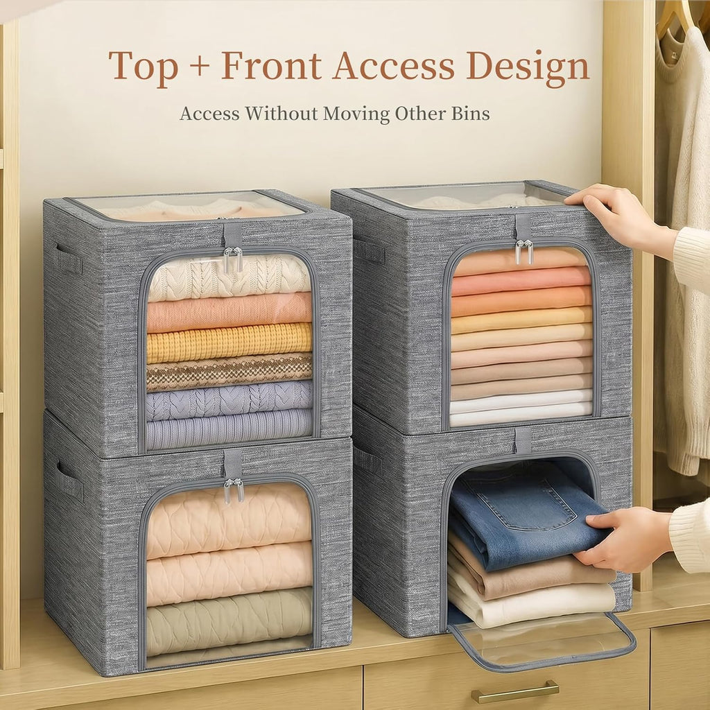 Clothes Storage Bins with Metal Frame for Closet, 40L 6-Pack Grey | Sweaters Hoodies Jeans T-Shirt, Closet Top Shelf