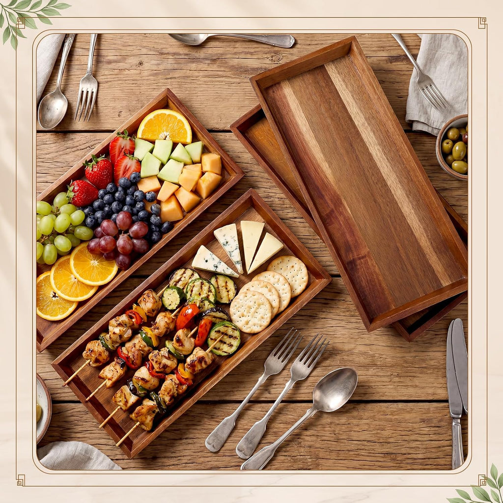 Wooden Acacia Serving Platter Set of 4, 13.8 x 5.9 Inch Rectangular Trays for Charcuterie Board Sushi Appetizers