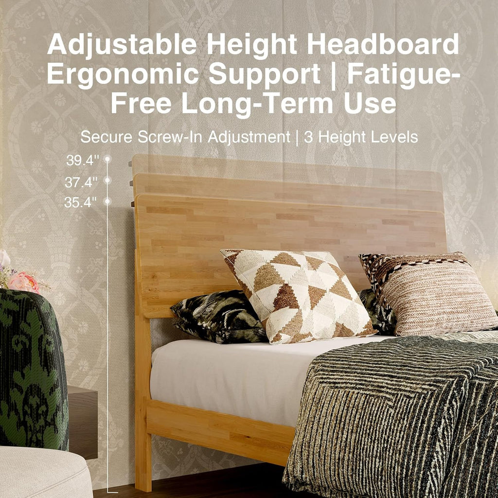 Queen Bed Frame with 3-Level Adjustable Storage Headboard, Solid Wood Platform Bed Frame with Slats, No Box Spring