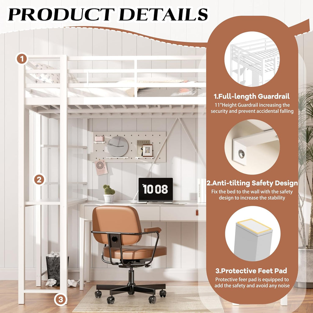 Full Loft Bed with Desk, Metal Frame with 2 Side Ladders, Storage Shelves, Safety Guardrail