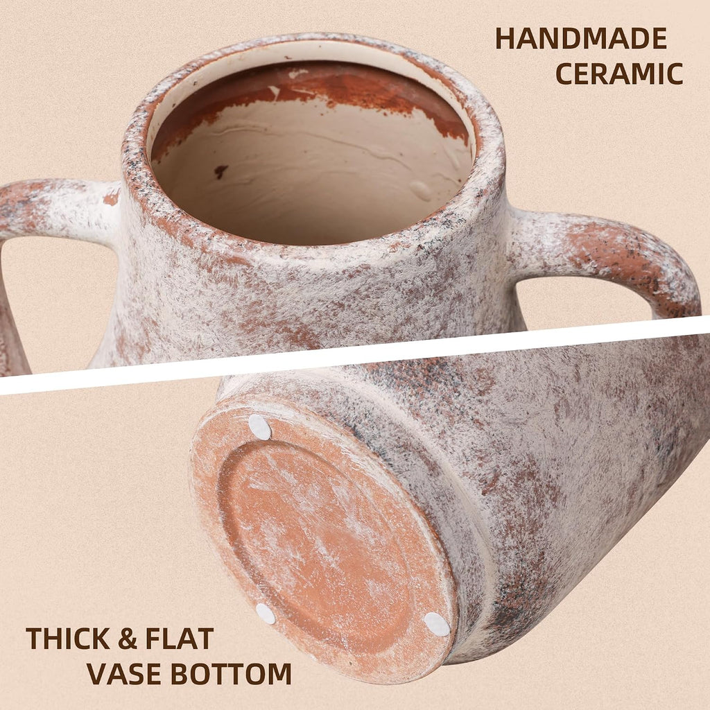 Ceramic Flower Vase with Handles, 11 Inch Tall Rustic Vase, Large Terracotta Pottery Vase