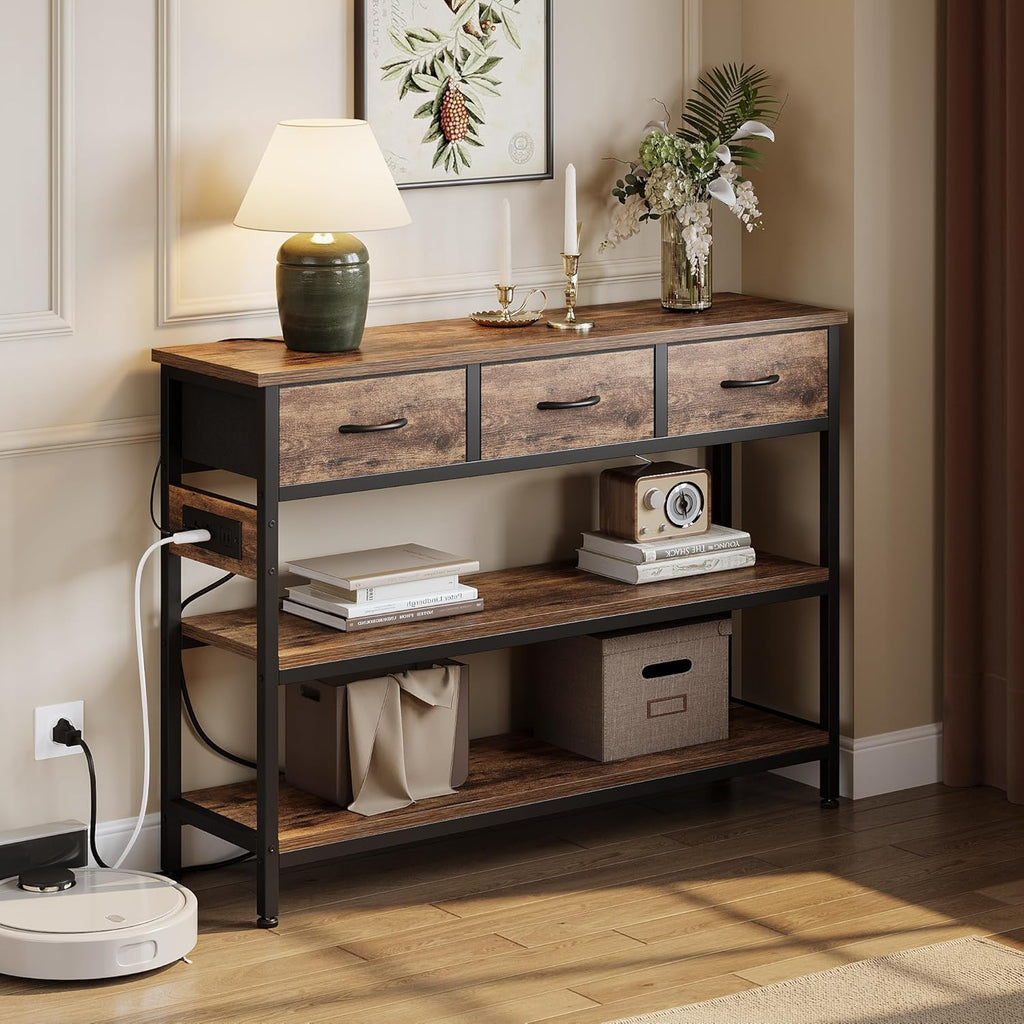 Entryway Table with Outlets, 3 Fabric Drawers, 43 in Console Table | 43.3"W x 11.8"D entry table with 2 outlets, 2