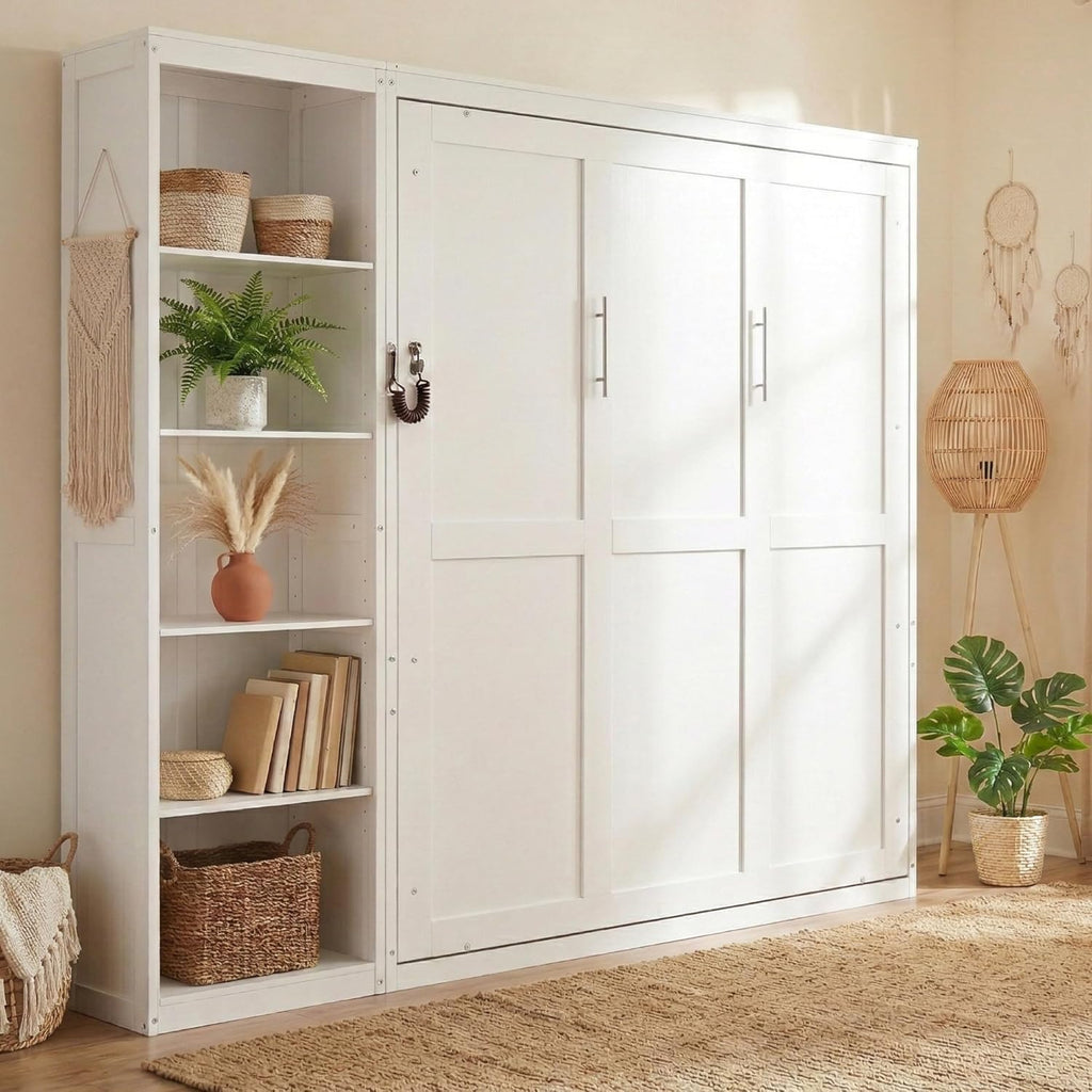 Space-Saving White Murphy Bed Queen with Adjustable Storage Shelves, Multifunctional Foldable Wall Bed for Small