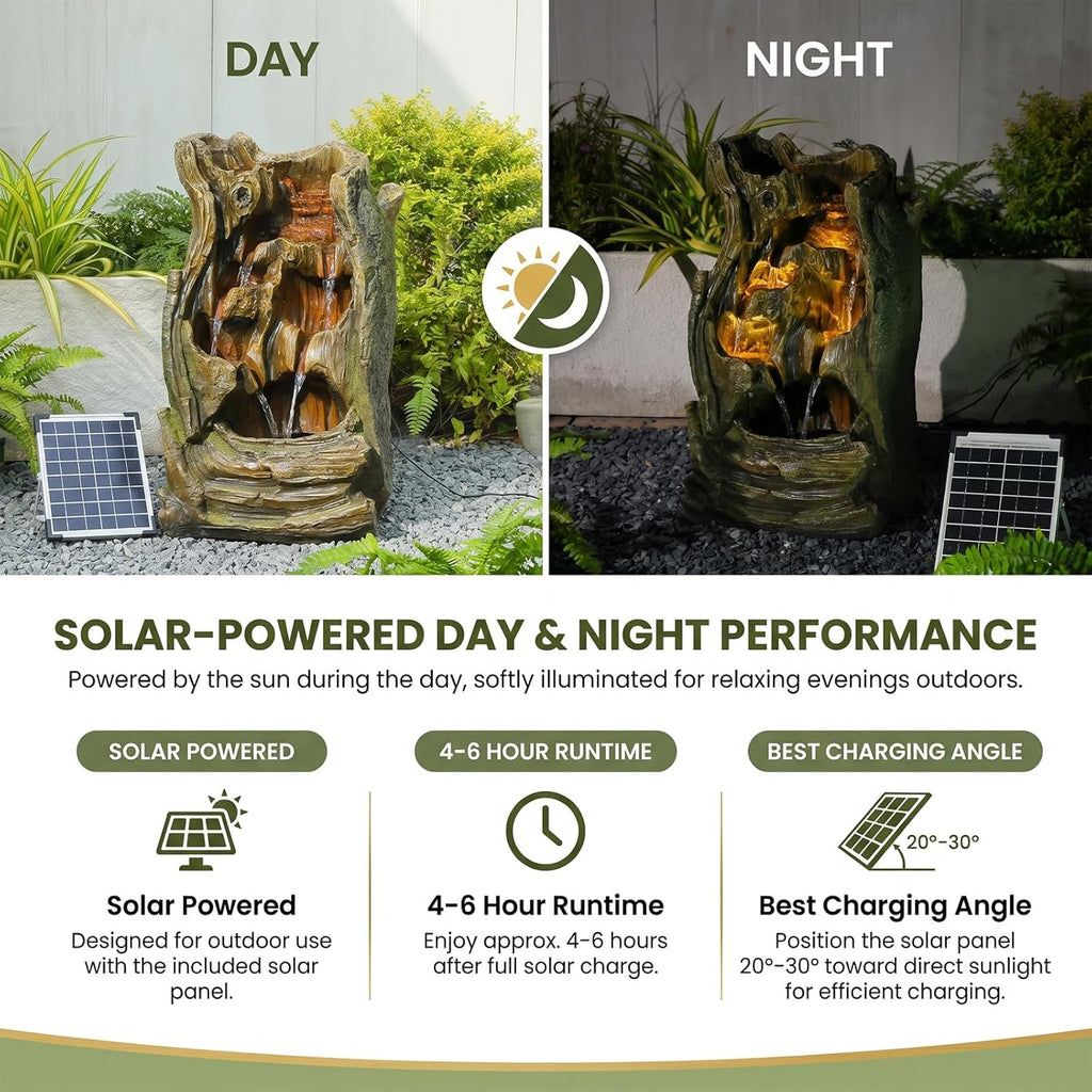 Solar Outdoor Water Fountain, 24.4" Tall Tree Stump Cascading Fountain with Solar Powered Pump