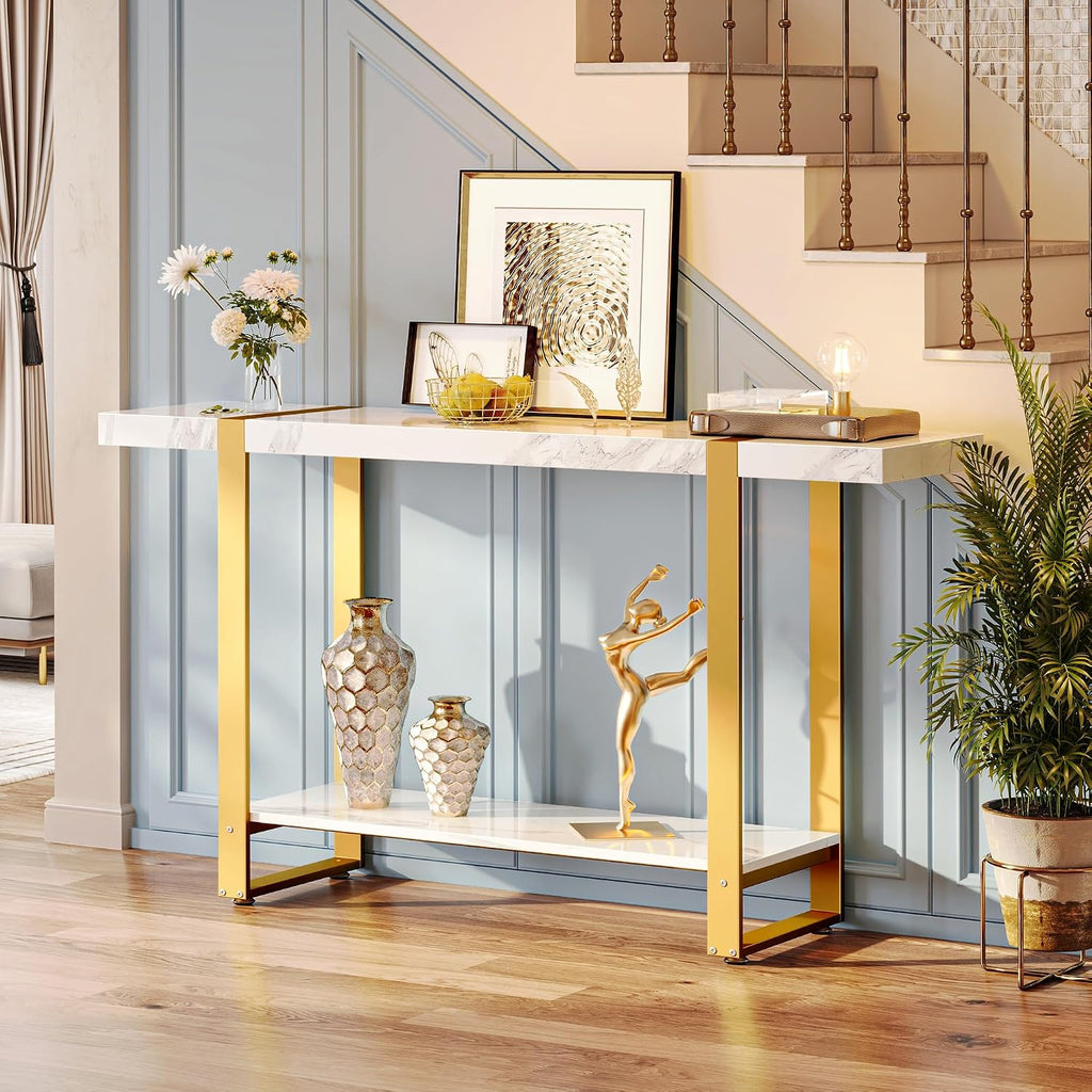 47.2 Inch Entryway Table with Marble Top, 2-Tier Modern Console Sofa Table with Storage, Accent Table, for Entry