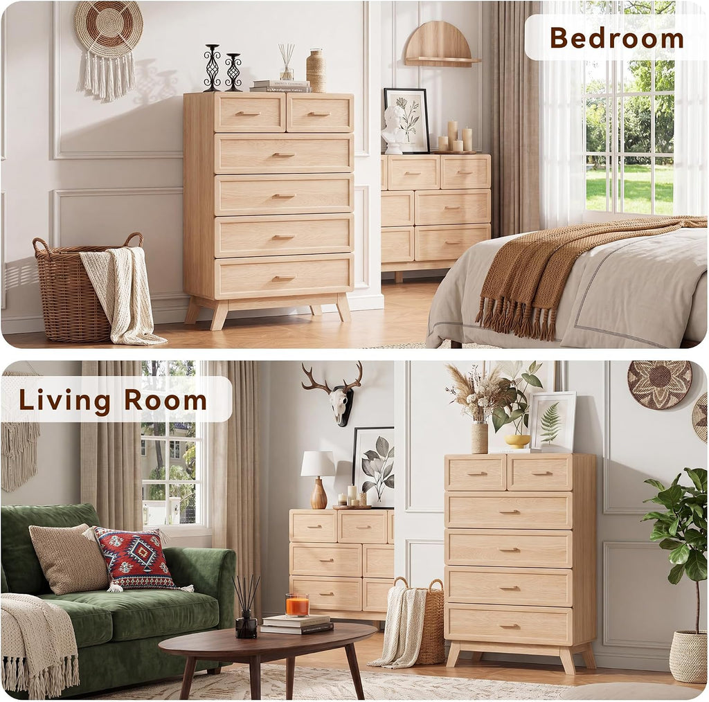 Natural 6 Drawer Dresser , 47" Tall Chest of Drawers | Rounded Corner Safety Design, Stable 4-Leg Structure, Suitable