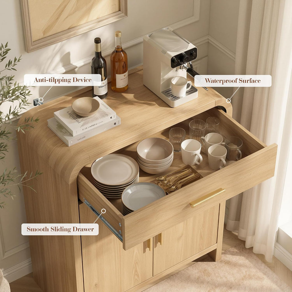 31.3" Modern Buffet Cabinet with Storage, Curved 2-Door Sideboard | Accent Storage Cabinet with Adjustable Shelves