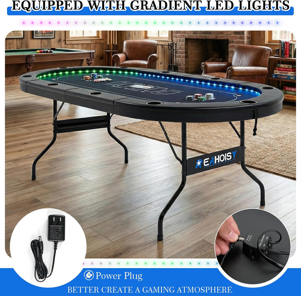 LED Poker Table for 10 Players, 84" Oval Foldable Texas Holdem Casino Table with Tri-Color LED Lights, Board Game