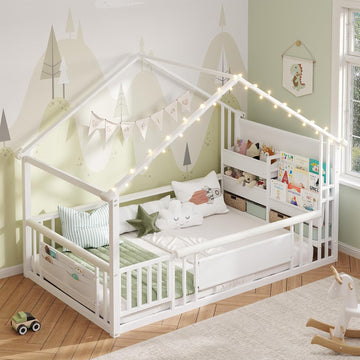 Twin Montessori Floor Bed with Storage Bookshelf and Globe String Lights House Shaped Floor Bed for Kids with Safety