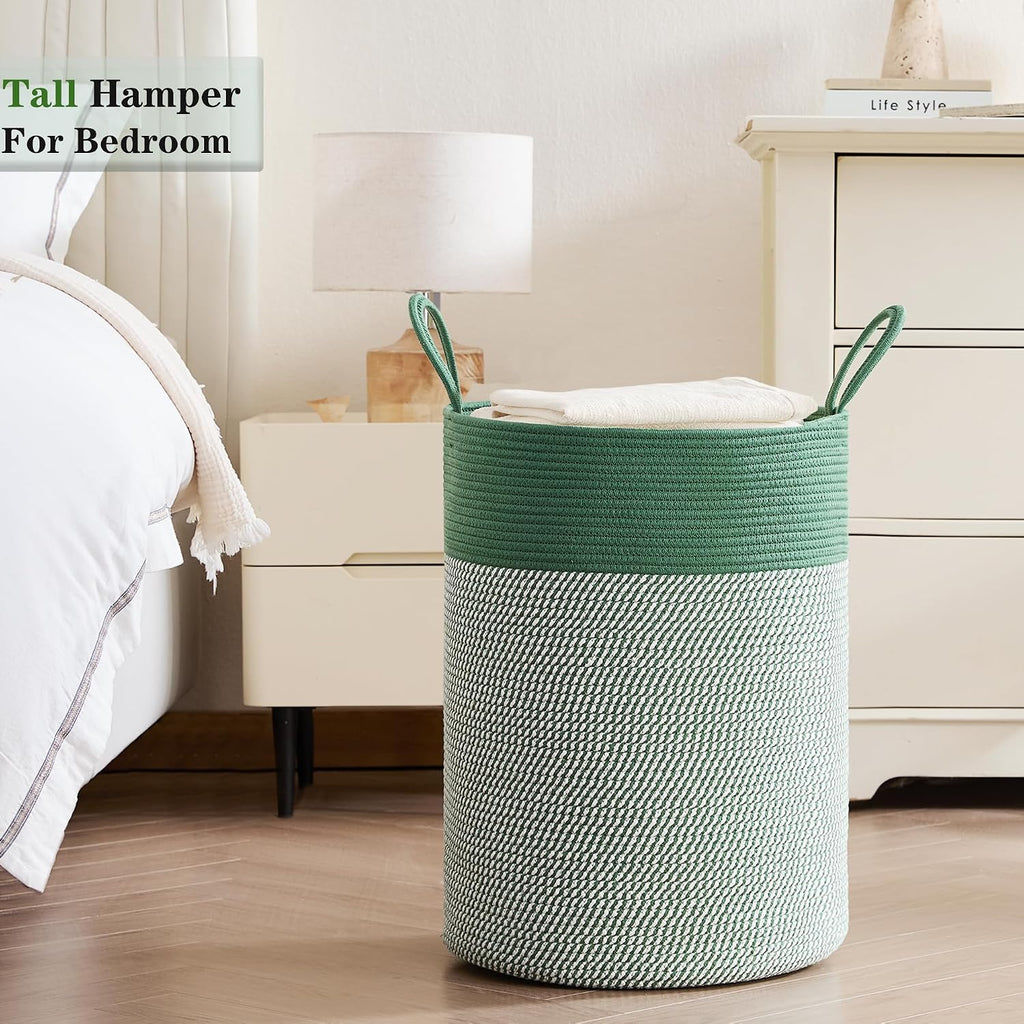 80L Large Green Hamper Tall Woven Laundry Basket | Cotton Rope Clothes Hamper Baby Nursery Hamper Bin for Girls Kids