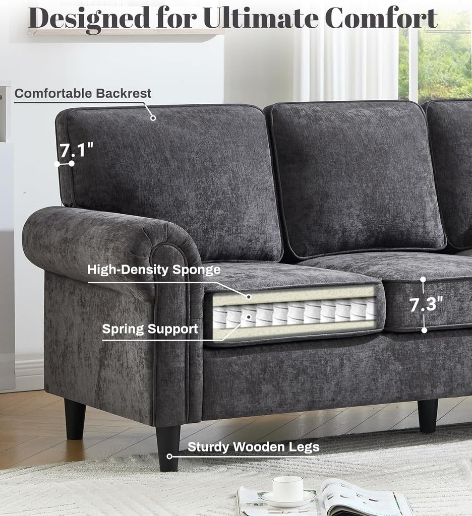 3 Seater Couch, Mid Century Modern Sofa with Rolled Arms and Deep Seats, Fluffy Comfort for Living Room