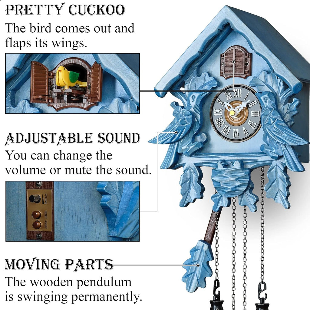 Cuckoo Clock with Night Mode, Singing Bird, Wooden Decorations and Swinging Pendulum