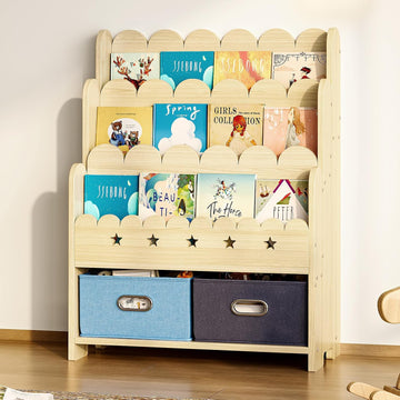 2-in-1 Kids Bookshelf with Toy Storage Drawers, Scalloped Montessori Bookcase Front Facing for Toddlers, Solid Wood