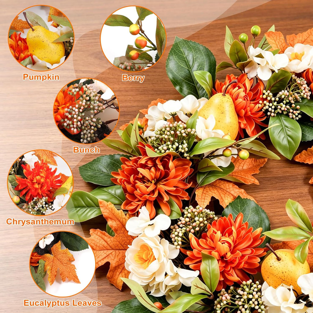 26" Fall Wreath for Front Door, Artificial Large Harvest Fall Wreath