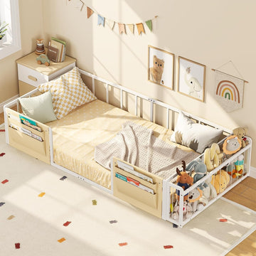 Montessori Twin Floor Bed with Stuffed Animal Storage and Caddy | Boys and Girls,Rail Fence,Metal Frame,No Box Spring