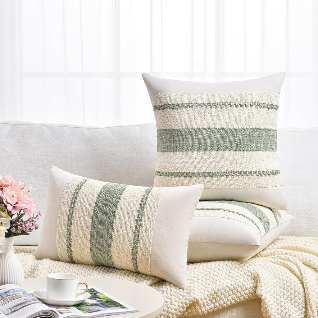 Set of 2 Sage Green Boho Lumbar Decorative Throw Pillow Covers 12x20 Inch, Rustic Retro Cushion Case, Bohemian Room