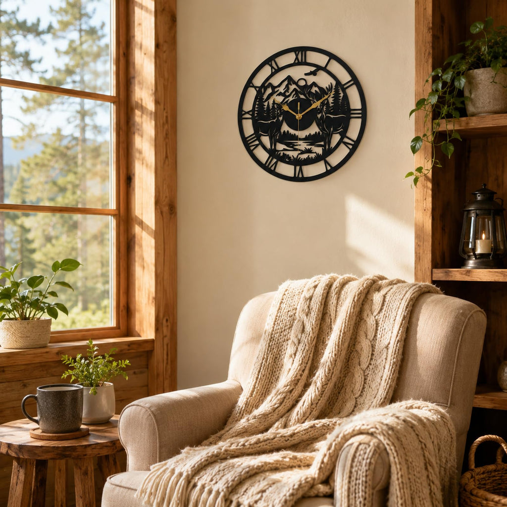 Deer Wall Clock Metal Wall Clock, Rustic Wall Clock Decor, Farmhouse Wall Clock with Deer Mountain Forest Design