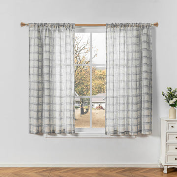 Grey Plaid Linen Curtains 63 Inches 2 Panels