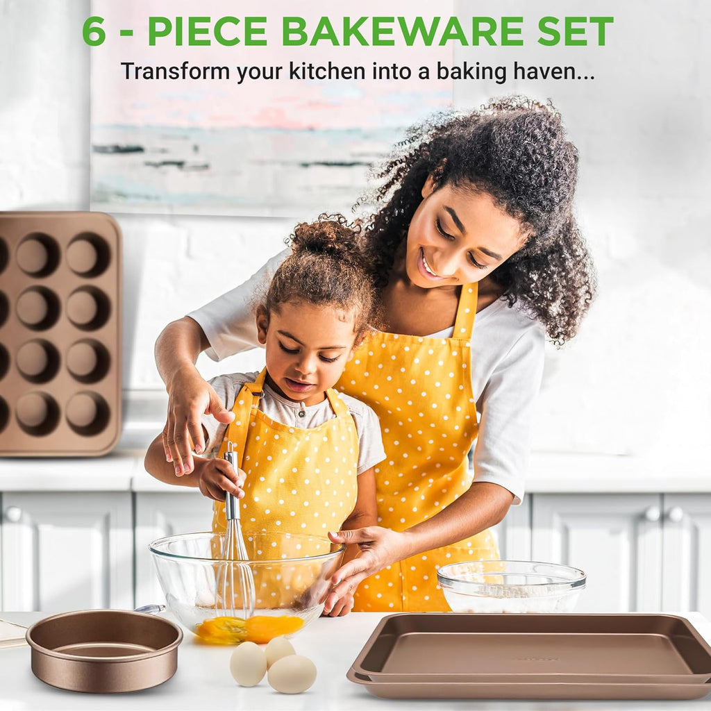 6-Piece Nonstick Bakeware Set, Carbon Steel Pans Set, Includes Cookie Sheets, Wide & Square Bake Pans, Bread Loaf &