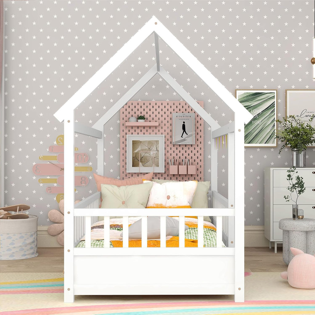Kids Montessori Bed Twin Size, Twin Floor Bed with High Fence, House Beds for Kids, Girls, Boys, Wood Montessori