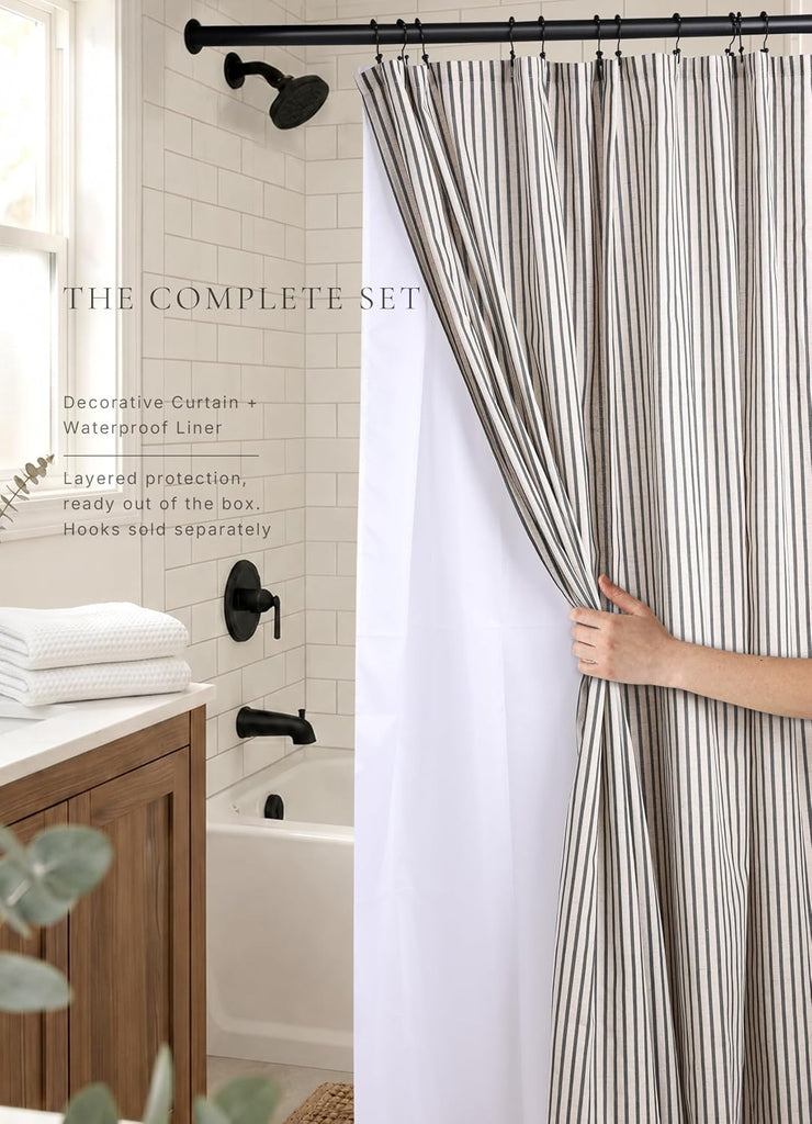 Farmhouse Striped Shower Curtain - 72x72 Inches, Linen Blend Fabric, Breathable & Machine Washable, Rustic Black