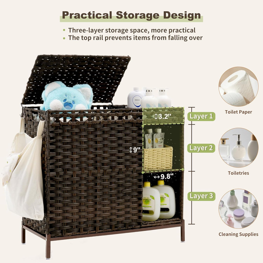 Laundry Hamper with Lid, 110L (29.1 Gal) Rattan Laundry Hamper 2 Section with 50L (13.2 Gal) Storage Shelf, Wicker