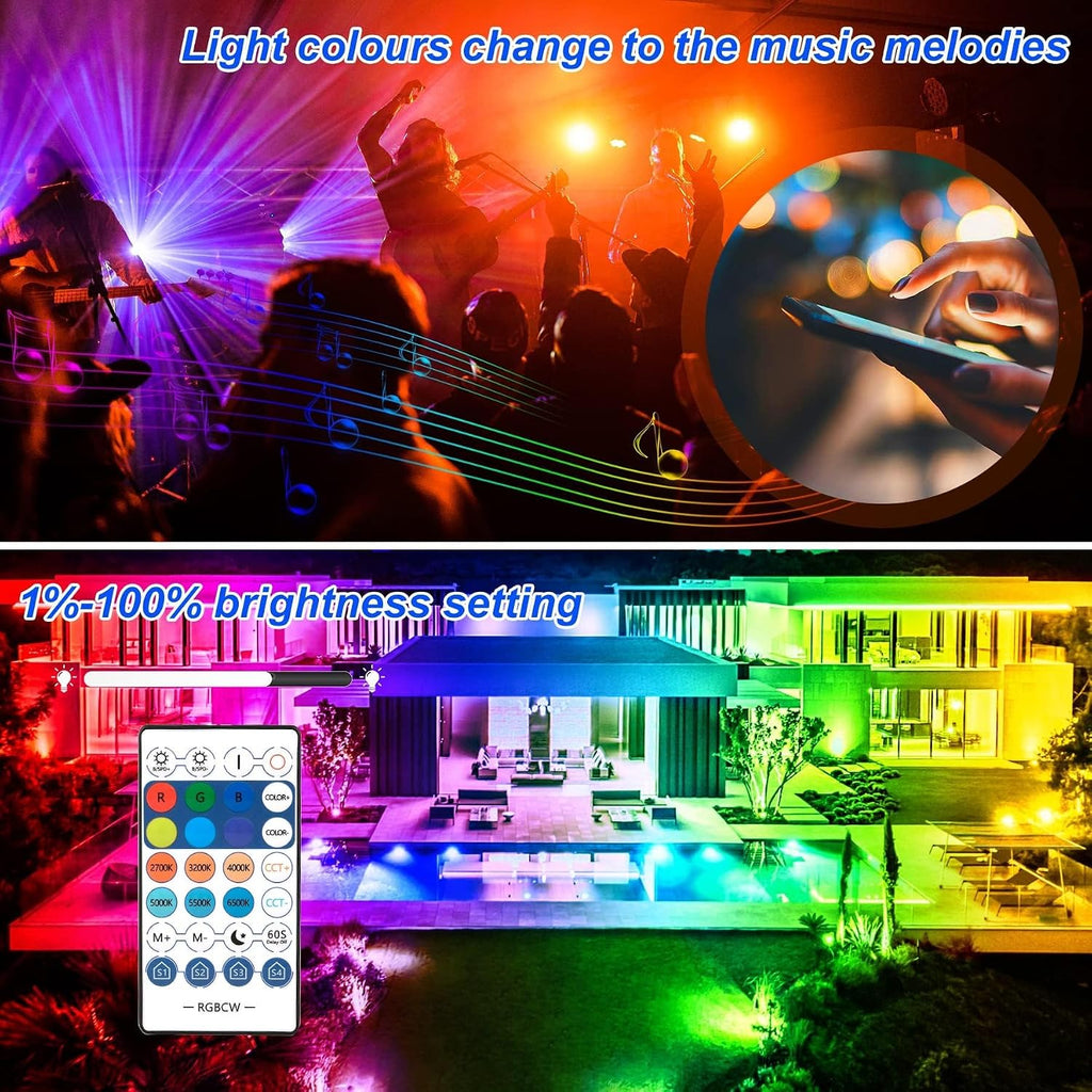 RGB LED Flood Light Outdoor 1000W Equivalent, 100W Bluetooth RGBCW Smart Floodlights 2700K, 16 Million Color
