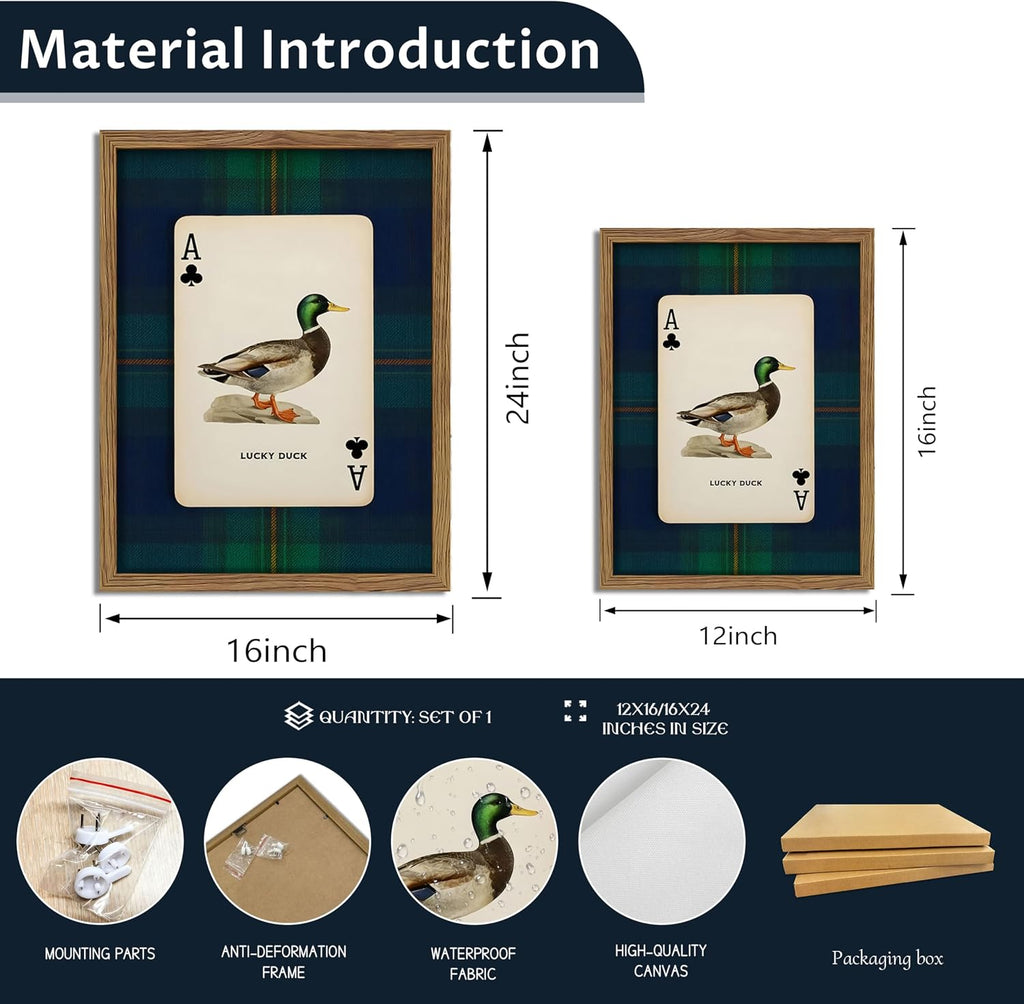 Framed Vintage Mallard Duck Wall Art, Country Lucky Duck Wildlife Poker Wall Decor Painting, Nature Rustic Farmhouse