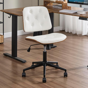 Small Home - Armless Mid Back Desk Chair with 360° Swivel and Wheels, PU Upholstered Height Adjustable Modern Walnut