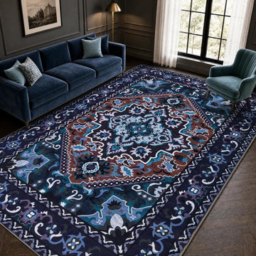 Navy Blue Traditional Medallion Washable Area Rug, Non-Slip