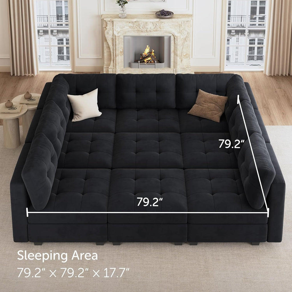 Sectional Couch with Storage, Modular Sectional Sofa, Velvet Couches for Living Room, Black