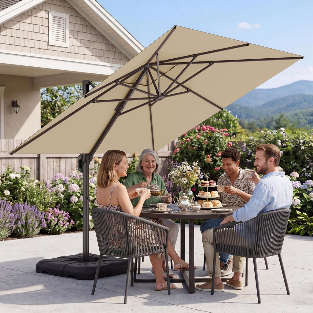 10X10 FT Cantilever Umbrella with Base Included, Large Offset Patio Umbrella 6 Angle Tilts & 360° Rotation
