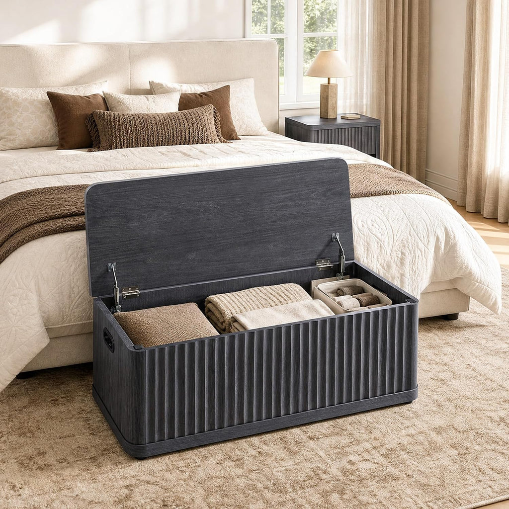 Storage Bench 40.2" Wide Shoe Bench with Lift Top Large Wooden Storage Chest Trunk Modern Blanket Chest with 2 Safety