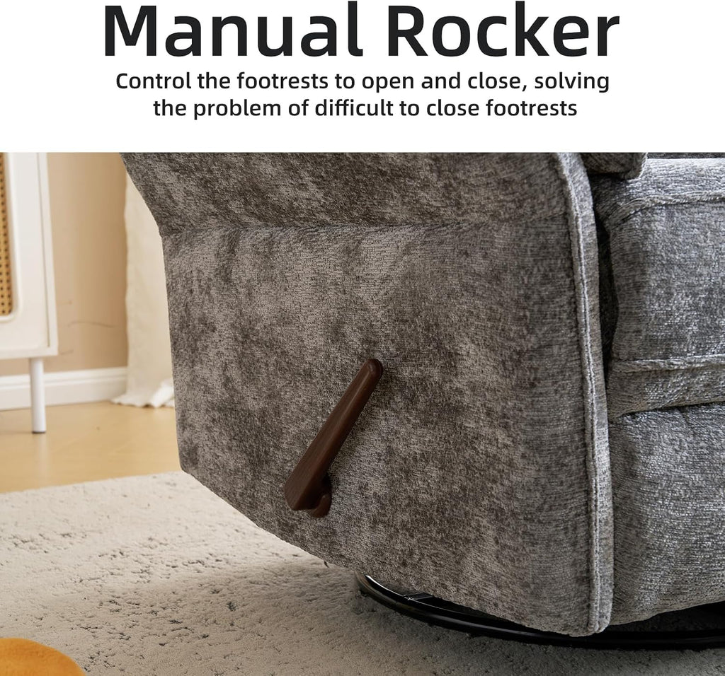 Oversized Glider Rocker Recliner, 24" Extra Wide 360° Swivel Nursery Recliner with Adjustable Headrest, Chenille