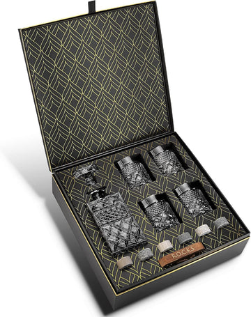 Whiskey Decanter Gift Set with 4 Cocktail Glasses & Handcrafted Granite Whiskey Chilling Stones - Whisky Carafe Glass - Set of 7