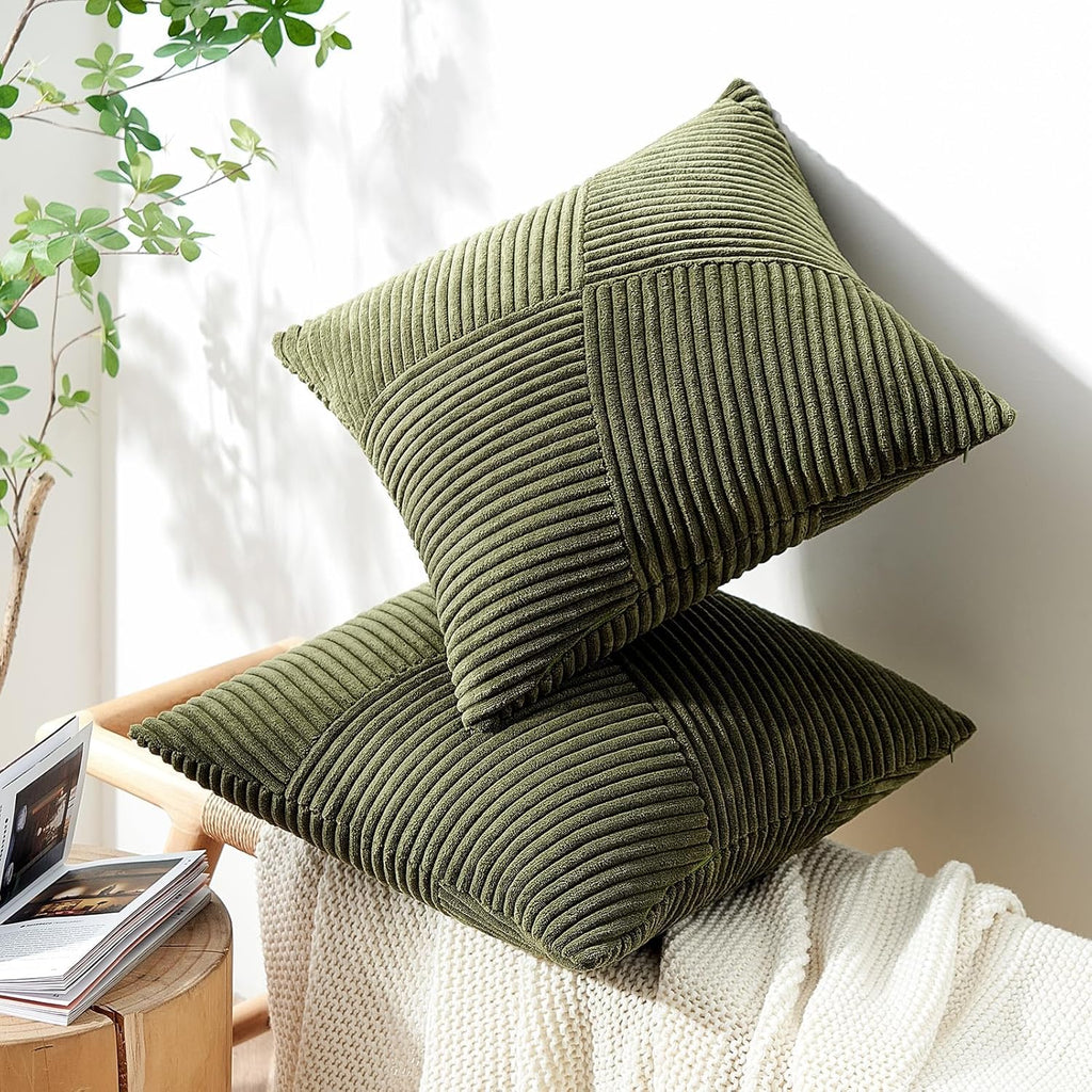 Olive Green Decorative Throw Pillow Covers Set of 2 18x18 Inches, Boho Aesthetic Home Decor, Soft Corduroy Striped