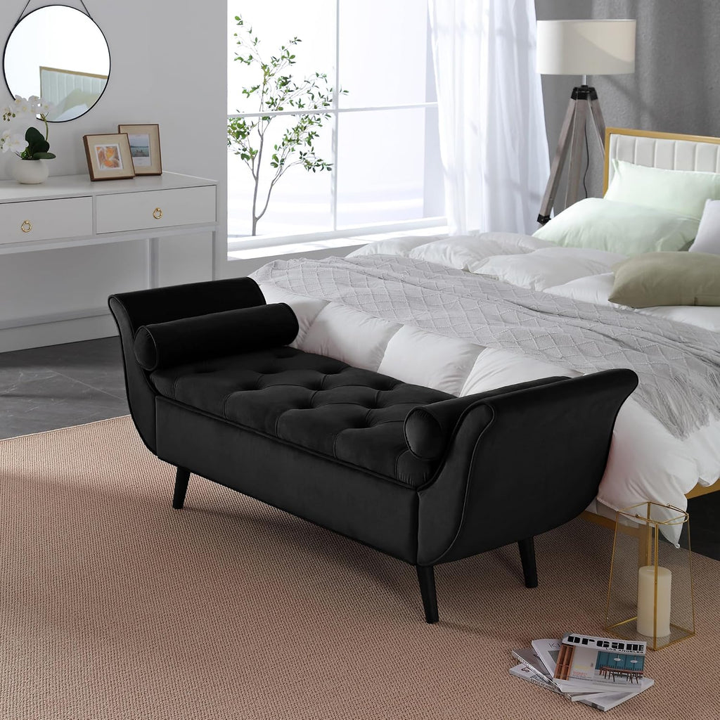 Storage Bench End of Bed, 65" Velvet Upholstered Rolled Armed Button Tufted Stool Bench, Storage Ottoman Long Bench