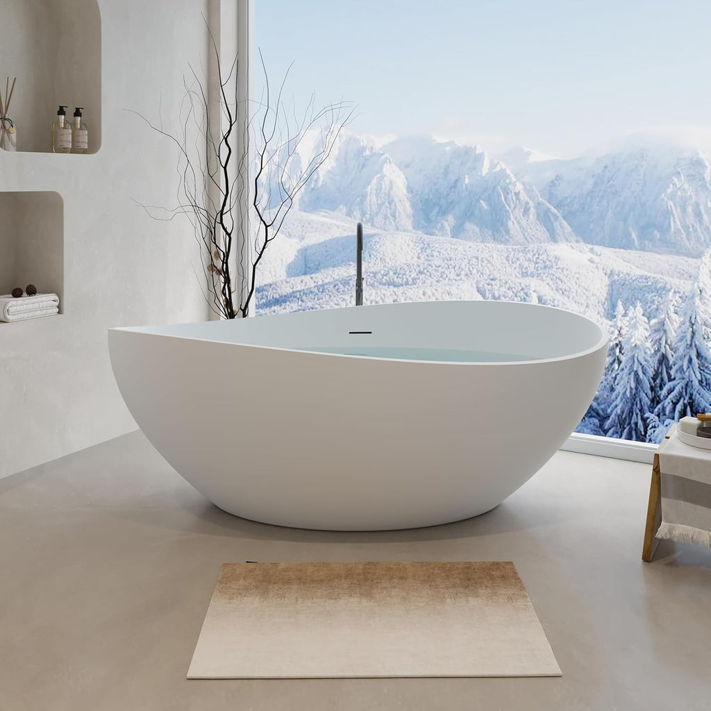 63" Matte White Freestanding Solid Surface Bathtub - Stone Resin Soaking Tub, cUPC Certified