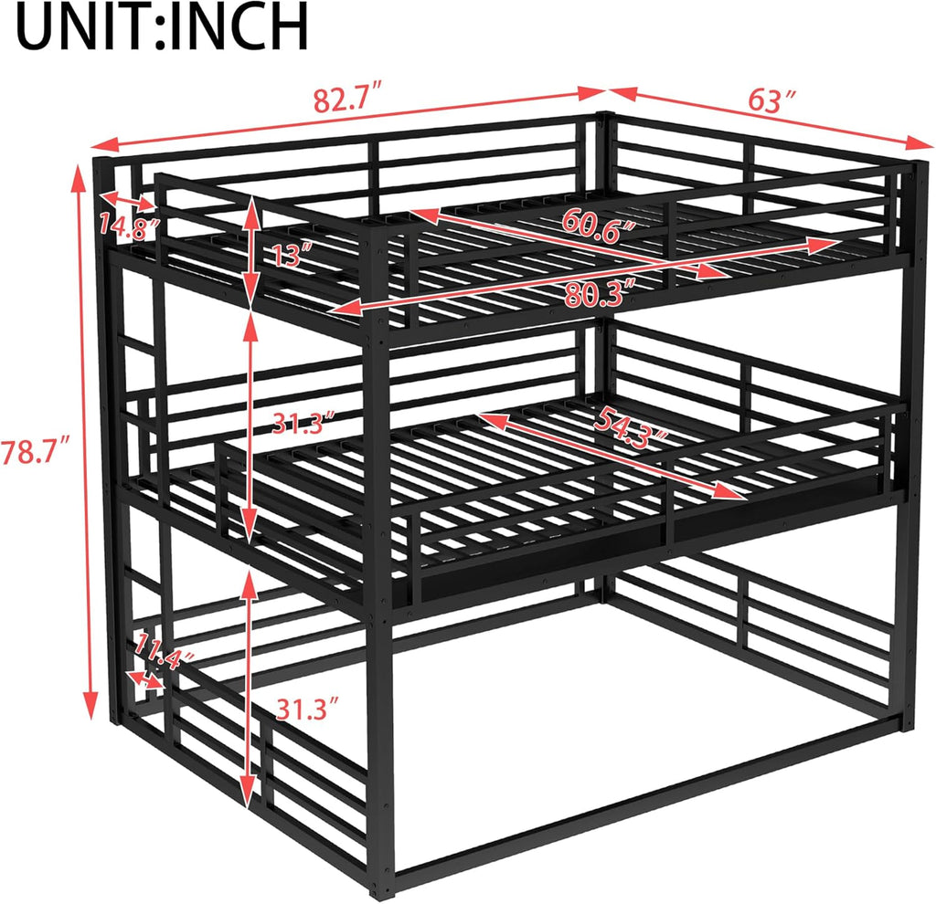 Heavy Duty Triple Bunk Bed, Queen Over Full XL Over Queen 3 Bunk Beds with Ladders