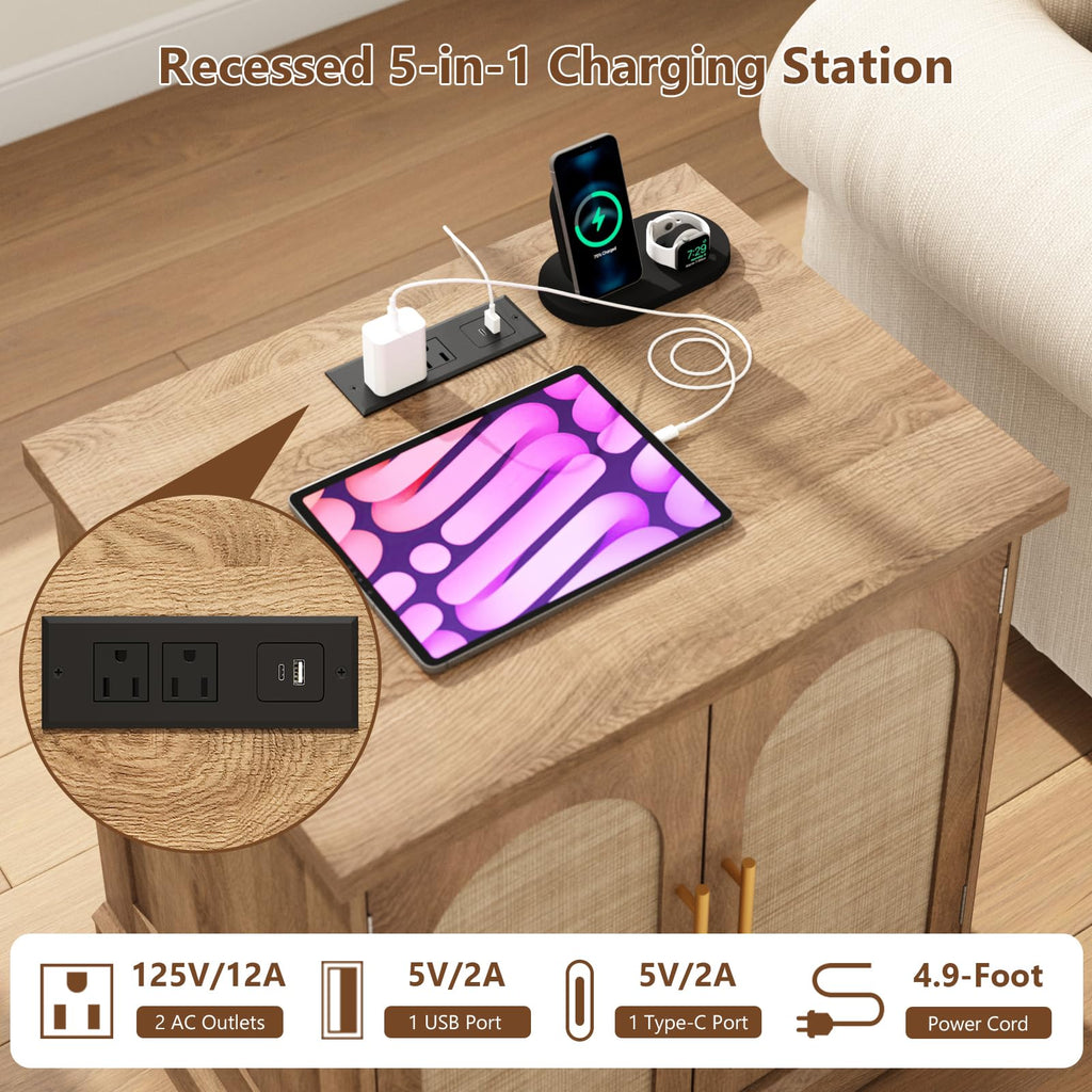 Rattan with Charging Station, 24" Large Sofa Side Table