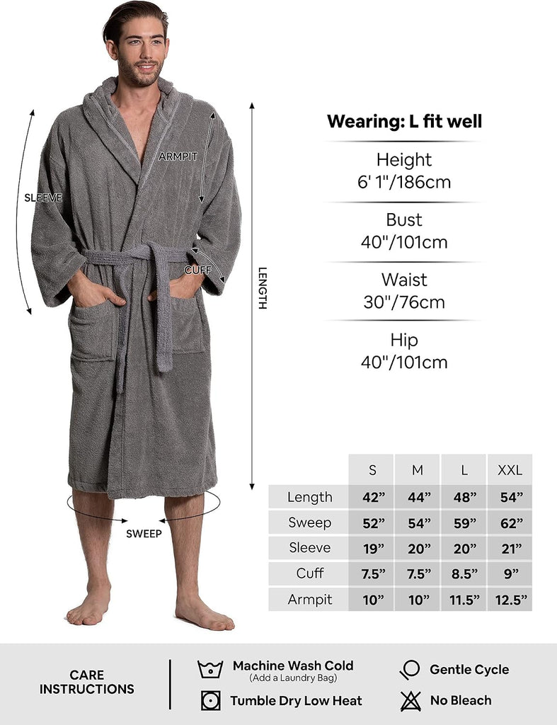 Men's Turkish Terry Cloth Robe, Thick Hooded Bathrobe