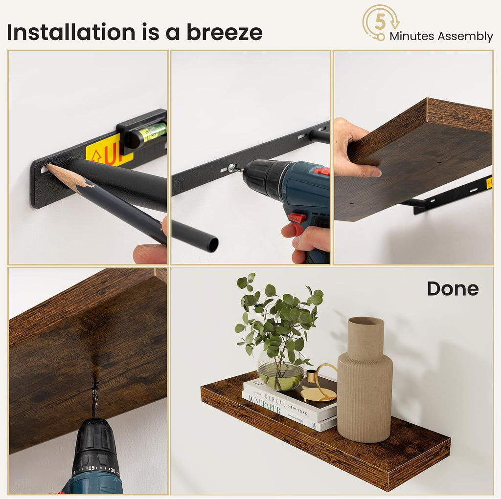 Floating Shelves for Wall, 12 Inch Set of 3 Rustic Wood Wall Shelves with Invisible Brackets, Heavy Duty Storage