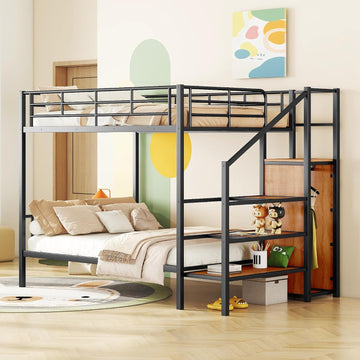 Full Over Full Metal Bunk Bed with Storage Stairs and Wardrobe, Bunk Bed for Adults/Kids/Teens, Black