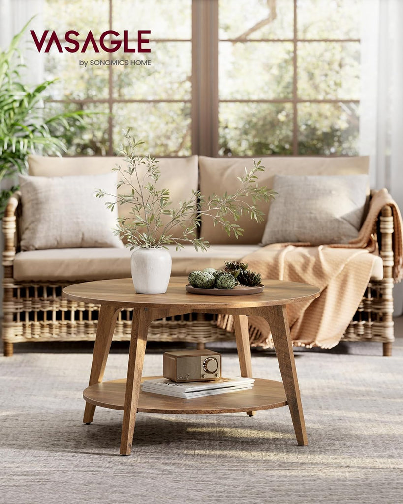 Collection - Round Coffee Table, 2-Tier Center Table with Storage, Tapered Legs, Curved Transitions