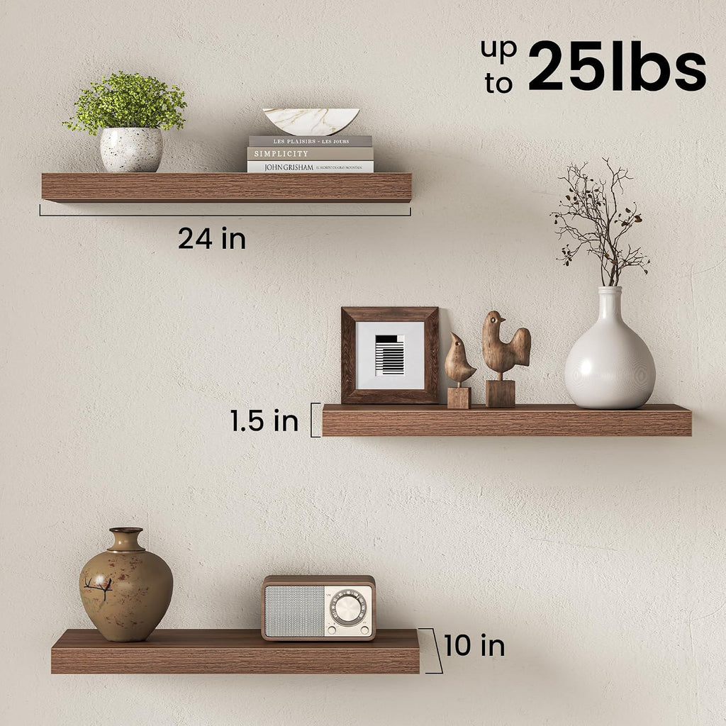 10" Deep Floating Shelves with Invisible Brackets, 24" Wall Shelves Bedroom Living Room, Modern Rustic Shelves Decor