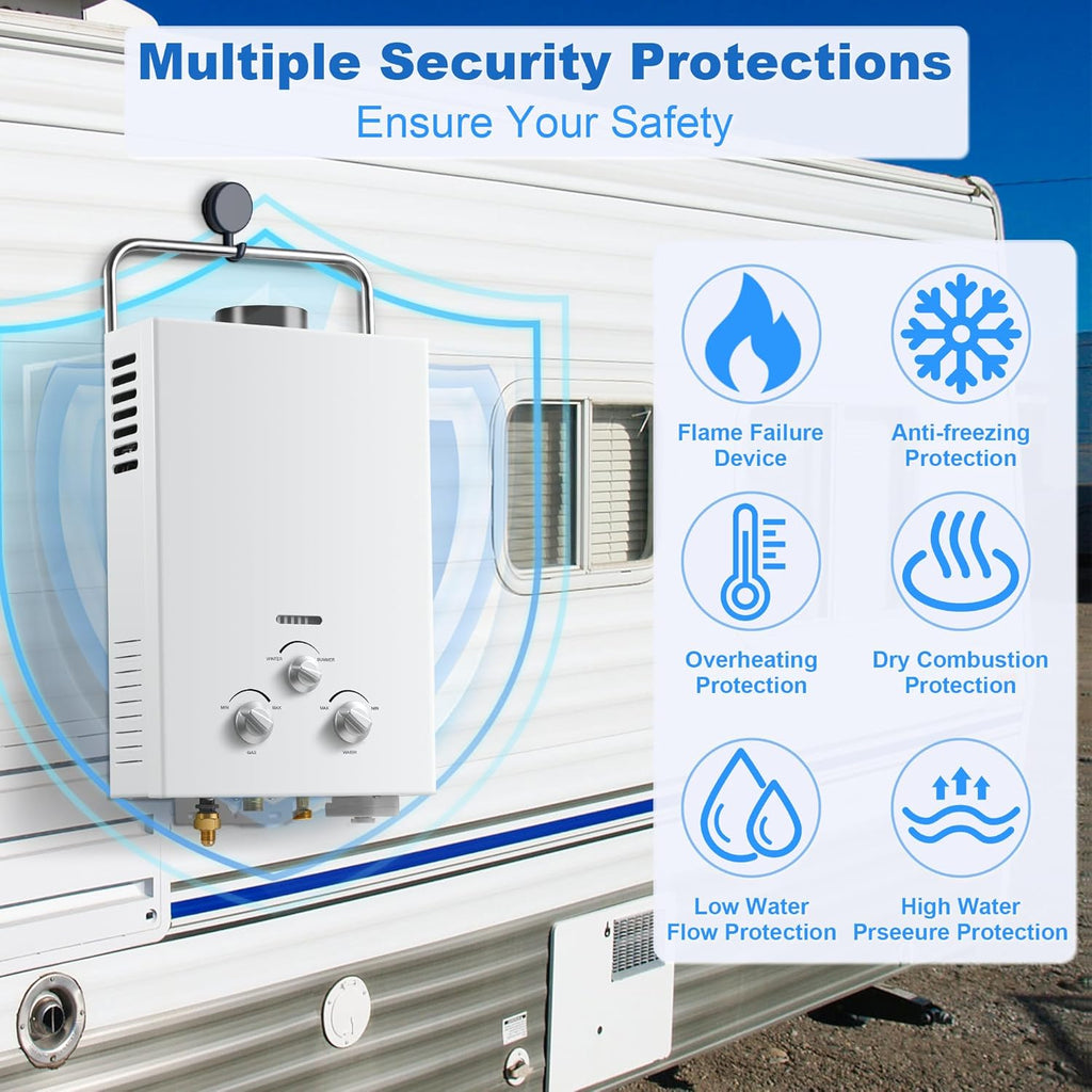 Outdoor Propane Tankless Water Heater - 6L 1.58 GPM Portable Gas Water Heater with Handle & Overheating Protection