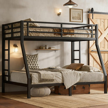Twin Over Full Bunk Bed with Ladders, Metal Bunk Beds Frame with Full-Length Guardrails