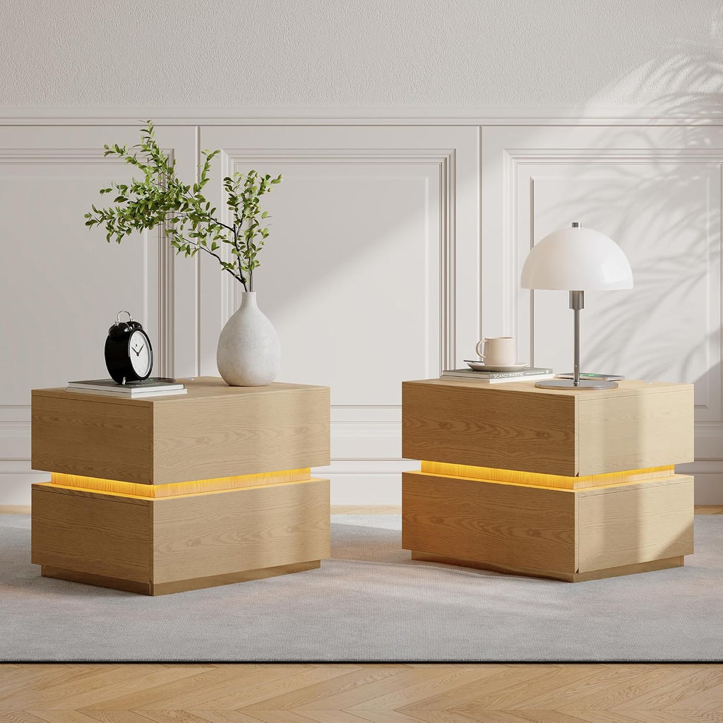 Smart Nightstand Set of 2 with Wireless Charging Station, USB & Type-C Ports, LED Light, 2 Drawers - Modern Natural